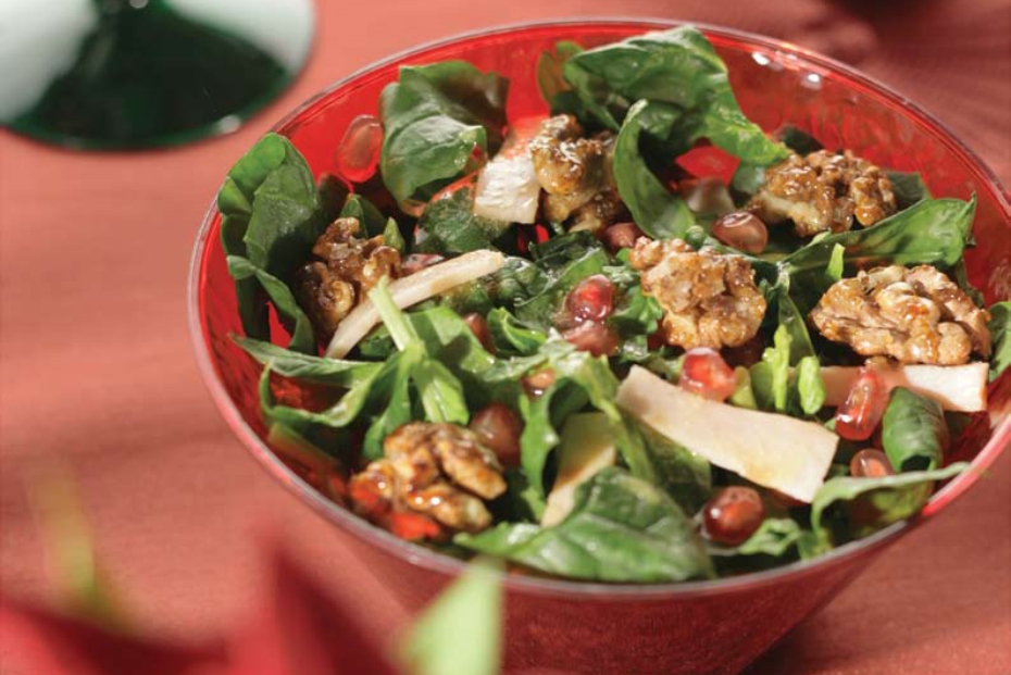 Spinach Salad with Salty-Sweet Caramelized Walnuts and Smoked Turkey