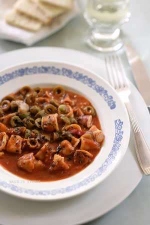 Squid with Green Olive Tomato Sauce