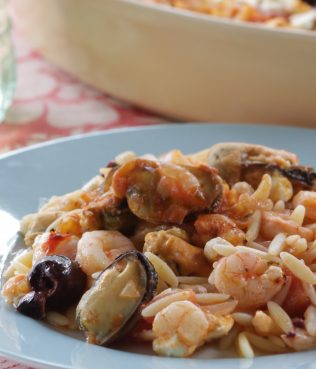 Baked Seafood Orzo with Kalamata Olives