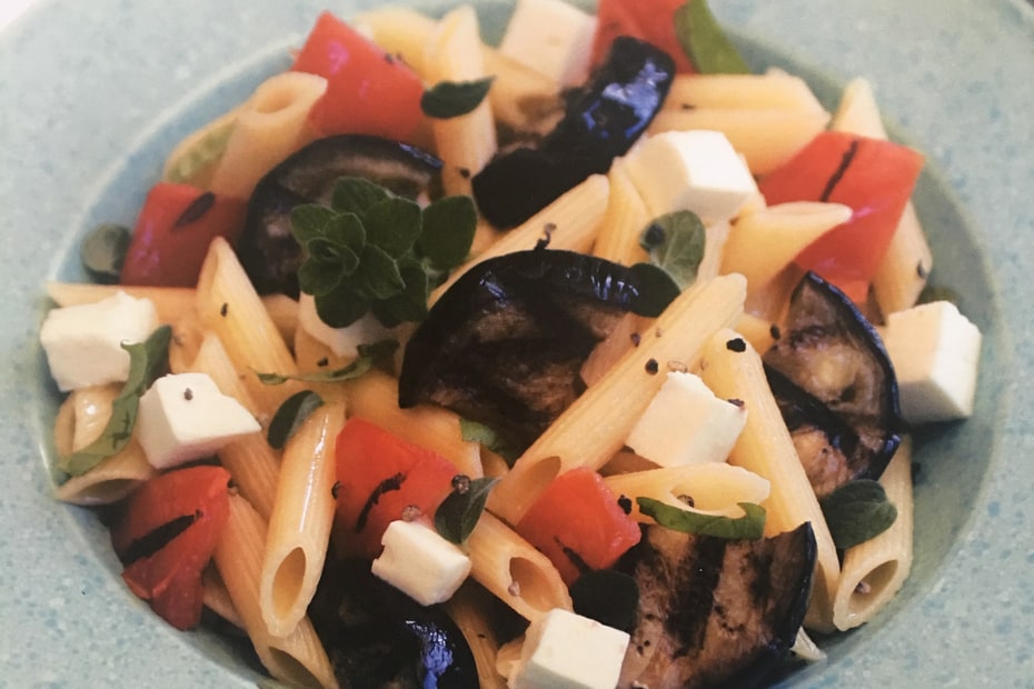 Penne with Grilled Eggplant and Halloumi | Mediterranean Diet, Healthy  Greek & Blue Zone Ikaria Longevity Recipes by Diane Kochilas