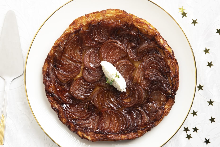 Tart Tatin with Red Onion-Petimezi and Mastiha Whipped Feta