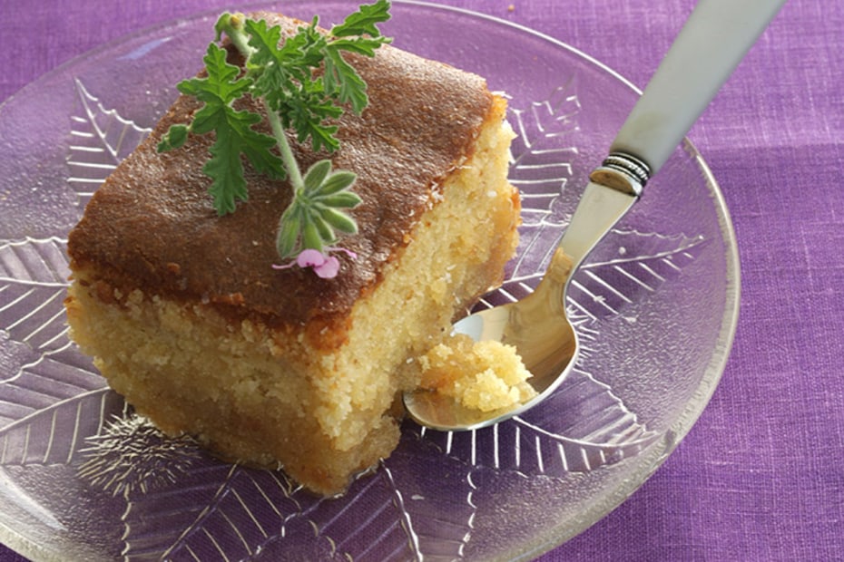 ravani» lime & geranium & mastic syrup-soaked semolina cake, icookstuff