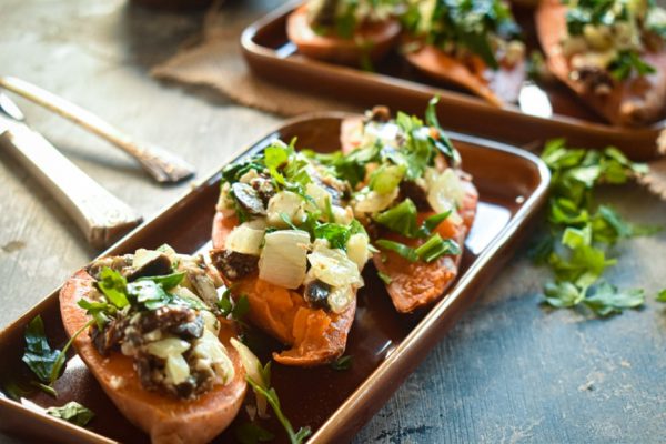 Baked Sweet Potatoes Stuffed with Spanakopita Filling