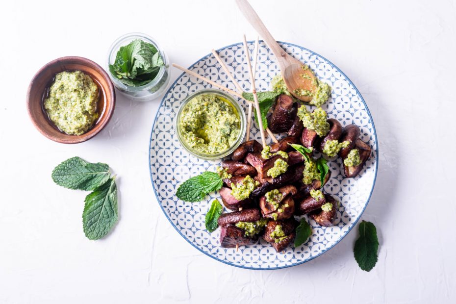 Mushroom Souvlaki With Pistachio Pesto. A recipe by Diane Kochilas