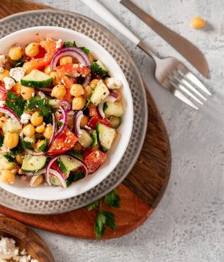 Greek Salad with Chickpeas, Tomatoes, Cucumbers & Feta