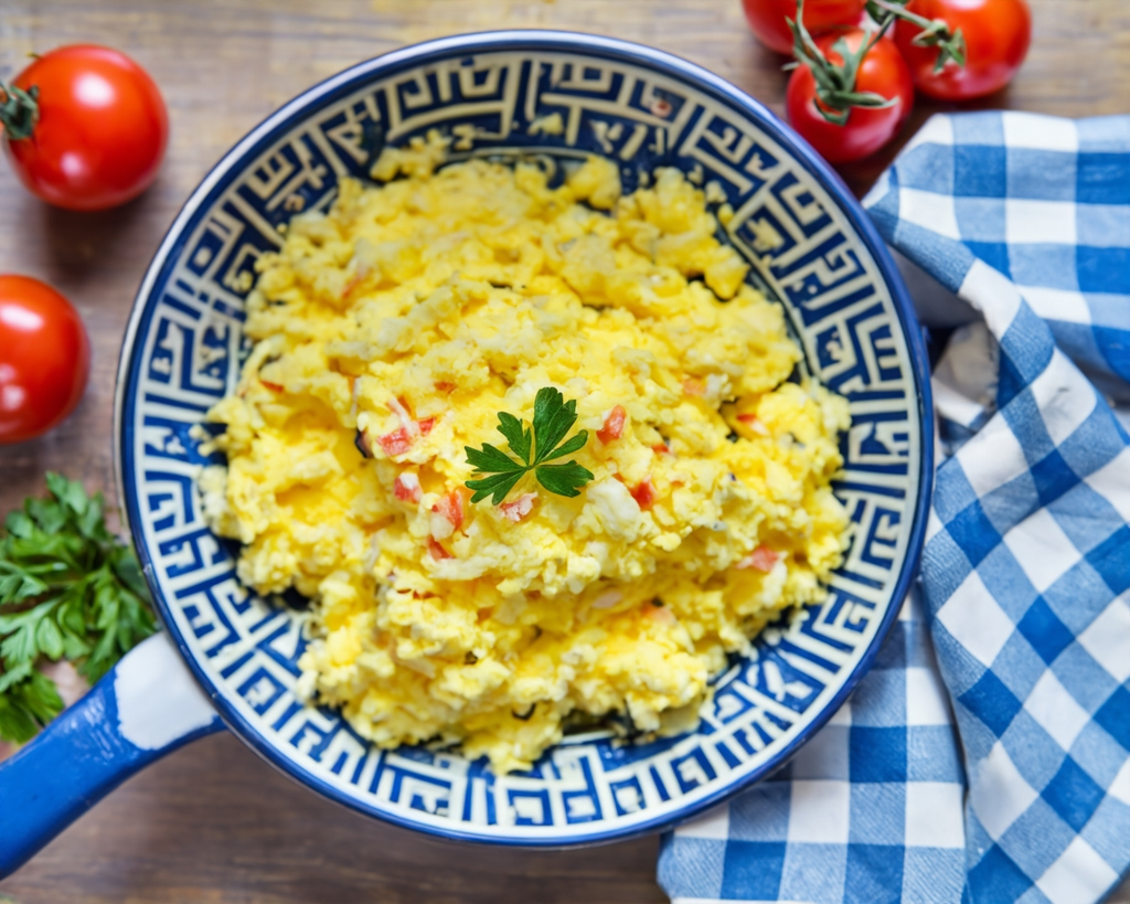 Strapatsatha, a Greek dish of scrambled eggs with tomatoes