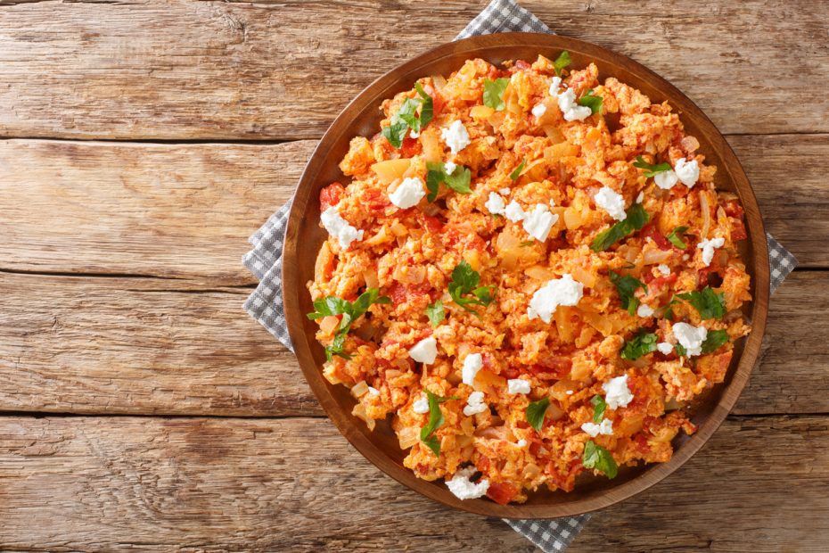 Strapatsada is the Greek recipe for scrambled eggs with tomatoes and oftentimes with feta, too.