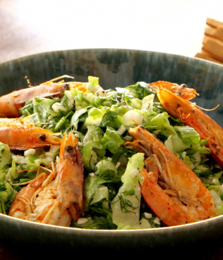 Zesty Greek Lettuce Salad with Seared Ouzo Shrimp